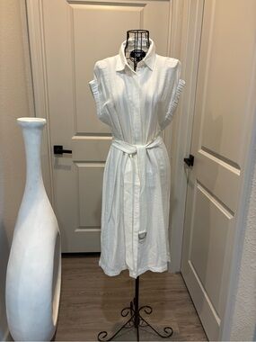 DKNY White Sleeveless Shirt Midi Dress with Waist Tie